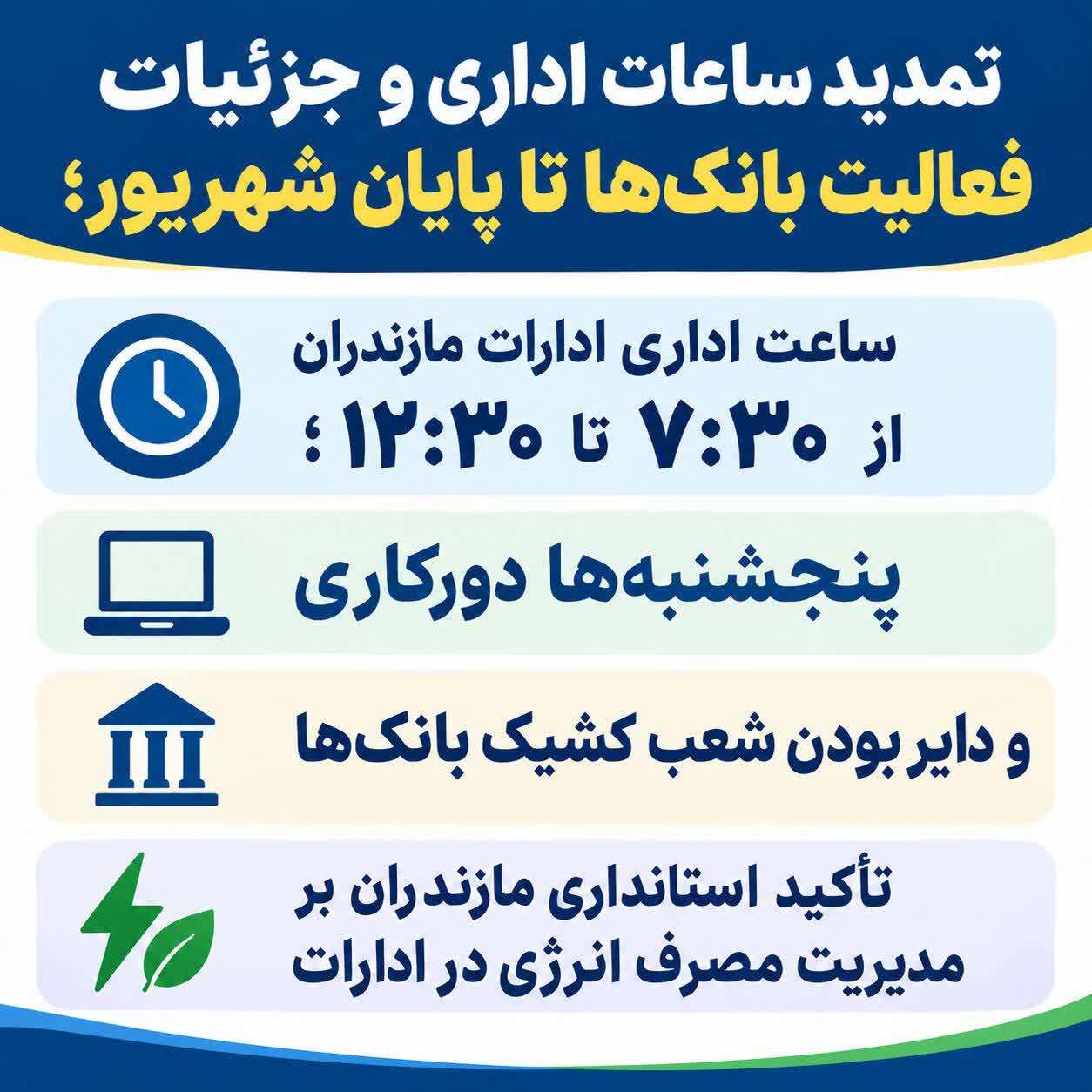 تمدید ساعات اداری و جزئیات فعالیت بانک‌ها تا پایان شهریور در مازندران